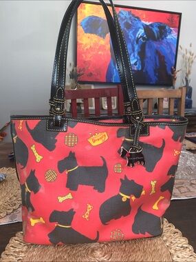 Dooney & Bourke Red Tote with Black Scottie Dog Print & Scottie hangtag